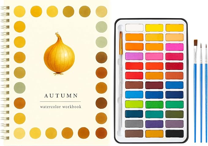Watercolor Practice Workbook with Guided Themed Pages – Spiral Bound Painting Exercise Book with Included Paint Set & Assorted Brushes for Beginner Art Practice (Autumn)