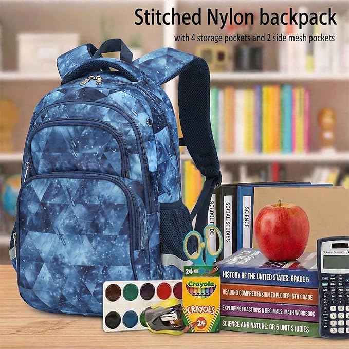 Cusangel Kids Backpack for Girls and Boys, 16in Nylon Bookbag, Large Capacity, Multi-Pocket with Chest Strap, Ages 8-14 (Blue-Boysbag)