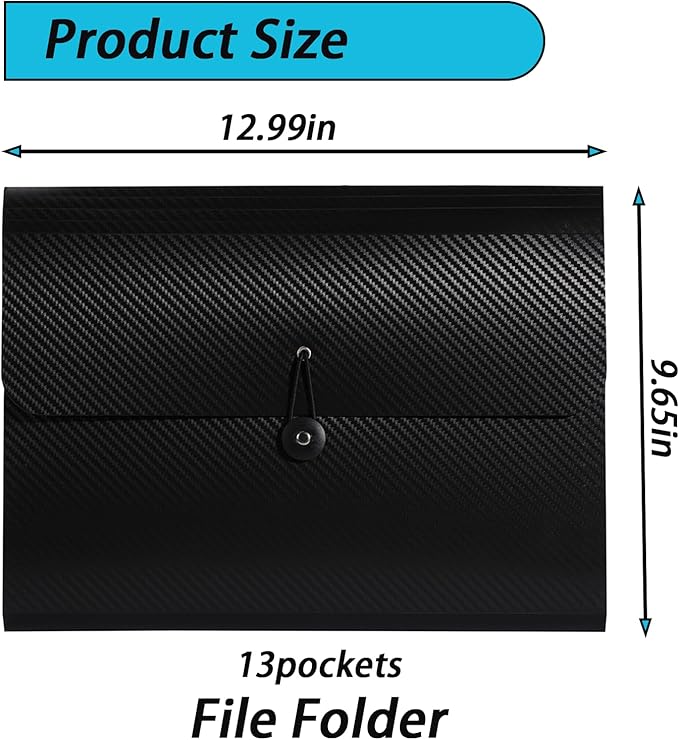 A4 Paper Document Organizer Expanding File Folder with 13 Pockets Accordion File Holder with Tabs for Home School Office, Black Plastic Material