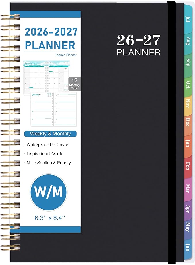 Planner 2026-2027 - Academic Planner 2026-2027, Jul. 2026 - Jun. 2027, 6.3'' x 8.4'', Weekly and Monthly Planner 26-27 with Back Pocket, Transparent PP Cover, Colorful Monthly Tabs