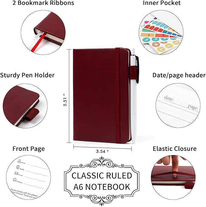 6 Pack Pocket Mini Notebooks Bulk, Feela Small Cute Memo Notepads Hardcover College Ruled Lined Journals with Pen Holder for School Business Work, with 6 Black Pens, 3.5”x 5.5”, A6, Wine