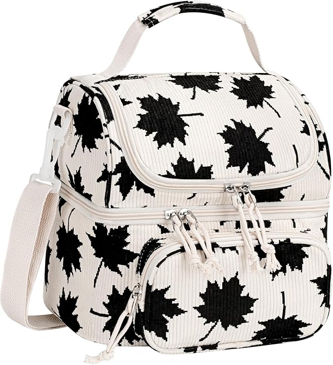 HowFly Lunch Bag for Women Insulated Lunch Boxes Corduroy Resuable Double Deck Lunch Box for Girls Teens Kigs Boys Portable Thermal Cooler Bags for School Work, Black Maple Leaf