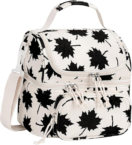 HowFly Lunch Bag for Women Insulated Lunch Boxes Corduroy Resuable Double Deck Lunch Box for Girls Teens Kigs Boys Portable Thermal Cooler Bags for School Work, Black Maple Leaf