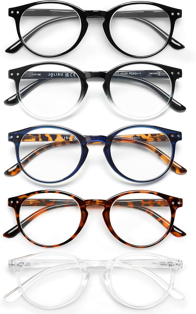 JOLISU 5 Pack Reading Glasses For Women/Men-Blue Light Blocking Computer Reader W/Round Frame - Retro Clear Lens Fake Eyeglasses（1.0）