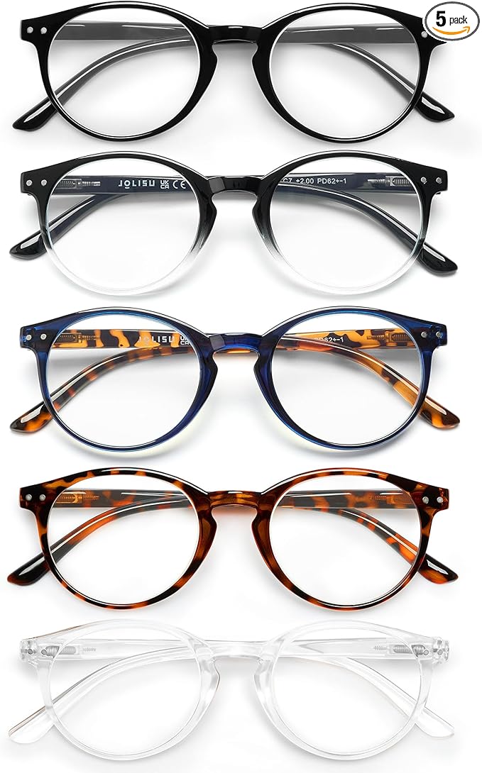 JOLISU 5 Pack Reading Glasses For Women/Men-Blue Light Blocking Computer Reader W/Round Frame - Retro Clear Lens Fake Eyeglasses（0.5）