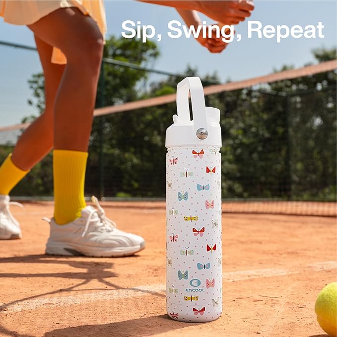ENCOOL Insulated Water Bottle with Straw Stainless Steel Water Bottle, Leak-Proof, BPA-Free, Double Wall Vacuum Keeps Cold for 24 Hours for Sports, Travel, School (26 oz, Cute Butterfly)
