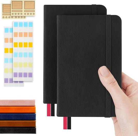 Pocket Dotted Notebook, 2-Pack Dot Grid Notebook, Dotted Journal with Stickers, 3.5" x 5.5" Hardcover, Small Mini A6 size, 160 Pages, 100 gsm Thick Paper, Black