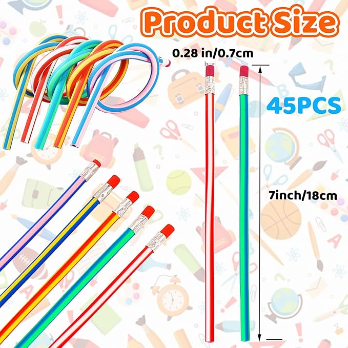 45 Pieces Flexible Soft Pencil,Colorful Stripe Rubber Pencils,Magic Bendable Pencils with Erasers for Kids Students Gift,School Supplies