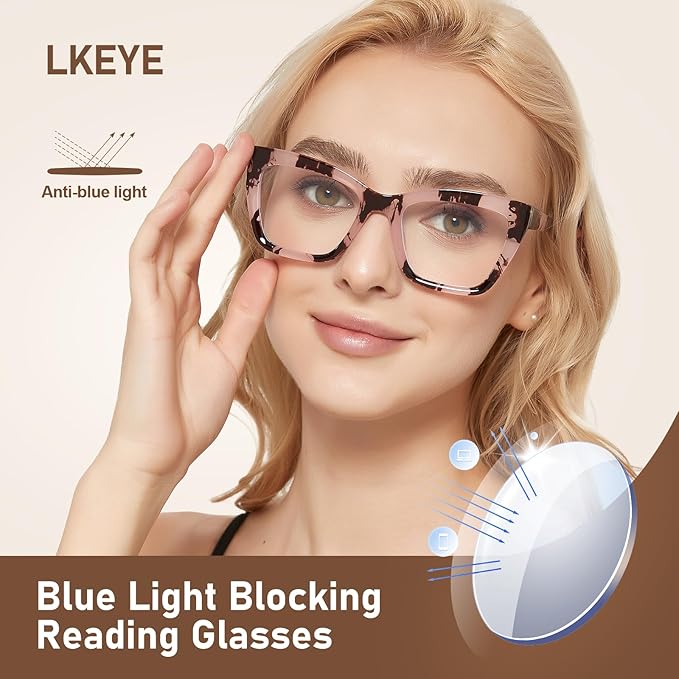 LKEYE Oversized Reading Glasses Women Men Oprah Style Blue Light Blocking Computer Square Reader Spring Hinge Eyewear LK6085