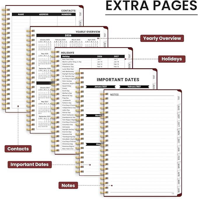 Planner 2026-2027 for Women & Men, Academic Monthly and Weekly Calendar Planner, Jul 2026 - Jun 2027, A4 (8.5" x 11"), Teacher Student Planning Book with Tabs, Ideal for Office School Supplies - Burgundy