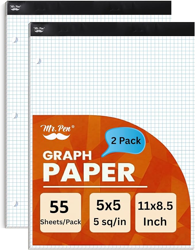 Mr. Pen- Graph Paper, 2 Pack of 55 Sheets, 8.5"x11", 5x5 (5 Squares Per Inch), 3-Hole Punched, Graphing Paper, Grid Paper Pad, Math Graph Paper Pad, Drafting Paper, Computation Pads, Math Paper