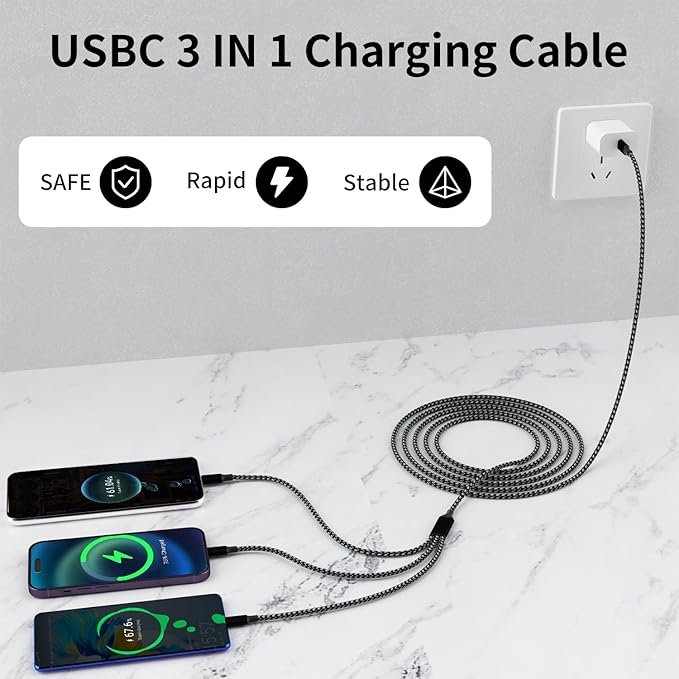 USB C Multi Charging Cable [2Pack 4FT], 3 in 1 Charging Cable Nylon Braided Multiple Charger Cord, Travel Charger with Type-C, Micro USB and IP Port for iPhone 17/16/15 Series/Cell Phones and More