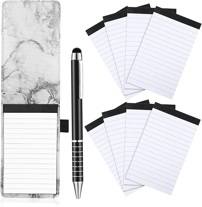 Outus 10 Pcs Mini Pocket Notepad Holder Set Included Small Leather Pocket Notebook Holder with 50 Lined Sheets, Metal Pen, 8 Pcs 3 x 5 Inch Memo Book Refills, 30 Lined Paper Per Note Pad(Marble Color)