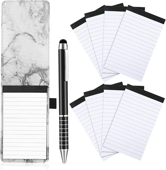 Outus 10 Pcs Mini Pocket Notepad Holder Set Included Small Leather Pocket Notebook Holder with 50 Lined Sheets, Metal Pen, 8 Pcs 3 x 5 Inch Memo Book Refills, 30 Lined Paper Per Note Pad(Marble Color)
