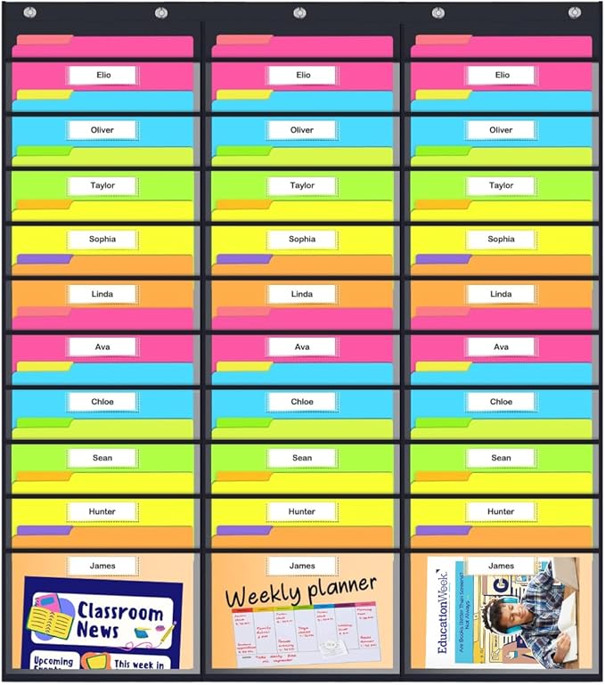 Clear Storage Pocket Chart for Classroom & Office with 30 Nametag Pockets, 5 Overdoor Hangers Included, Hanging Wall File Organizer for File Folders, Assignments, Files, Scrapbook Papers & More