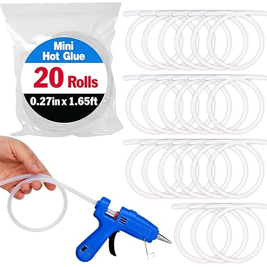 20 Pack Mini Hot Glue Stick Rolls, Each 1.65 FT Long x 0.27" Diameter Glue Sticks for Glue Gun, Perfect Fit for Mini Glue Guns, Widely Used in Wood, Metal, Glass, Plastic, Floral, Fabric, and More