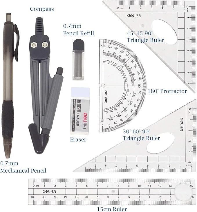 Honbay 8PCS Math Geometry Kit Set for Student and Engineering Drawing - Drawing Compass, 0.7mm Mechanical Pencil, 0.7mm Pencil Lead Refills, Eraser, Protractor, Rulers