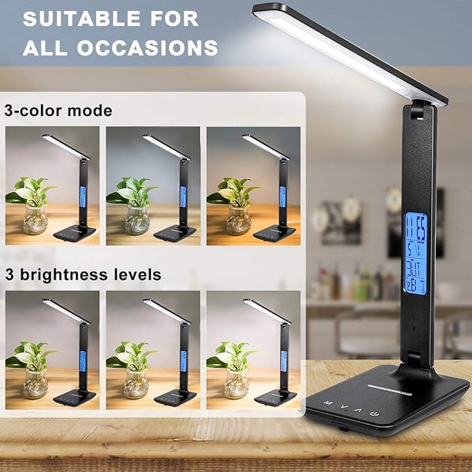 LED Desk Lamp with Wireless Charger, Suitable for Home, Office Dimmable, with USB Charging Port, Built-in Clock, Calendar, Thermometer and Automatic Timing Reading Desk Lamp.