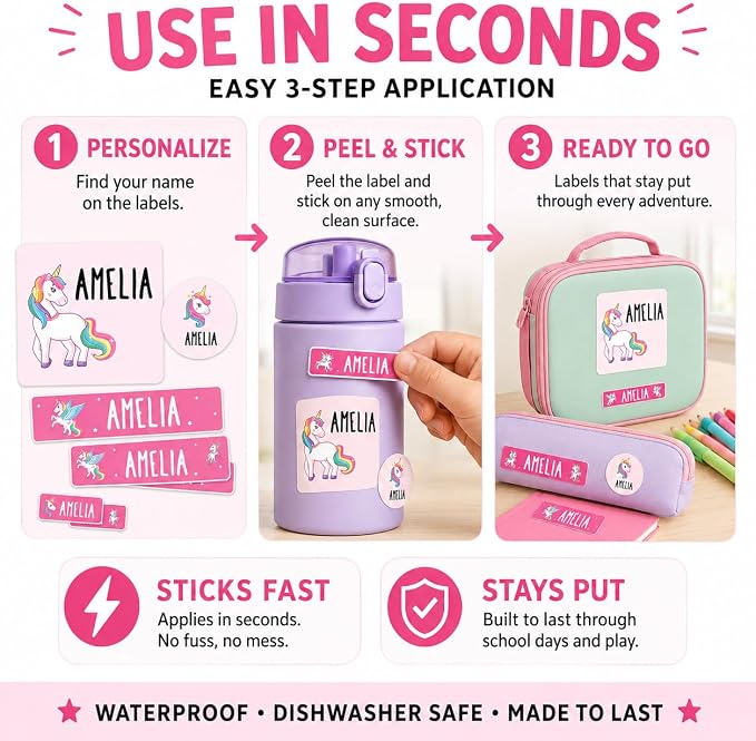 Andaz Press Custom Personalized Waterproof School Name Labels, Unicorn, 120-Pack, Kids Labels Combo Pack, Customizable Multi-Use Name Stickers Personalized Name Stickers Back to School Supplies