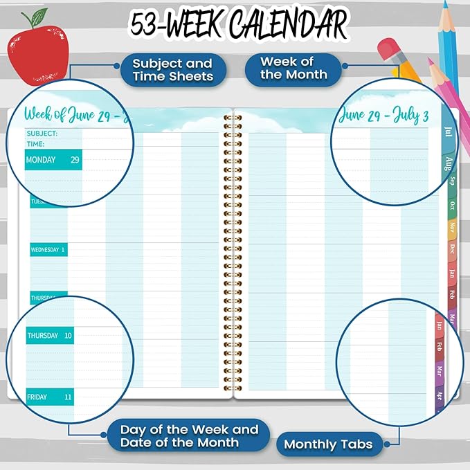 2026-2027 Teacher Planner, Lesson Planner 2026-2027, July 2026 - June 2027, 8.5" x 11", Spiral Bound, Colorful Monthly Tabs