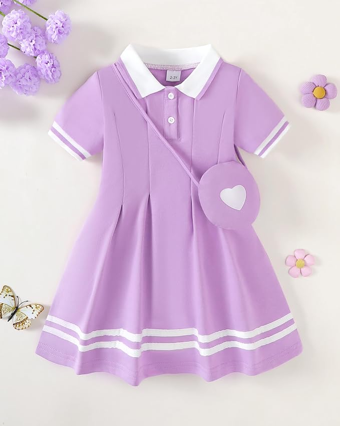 Renotemy Infant Baby Girl Dress Toddler Girls Summer Clothes School Outfits Cotton Short Sleeve Polo Dresses with Bag 12M-5T
