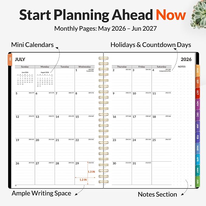 SUNEE Academic Planner 2026-2027 – Weekly & Monthly Planner, July 2026 to June 2027, 6.4"x8.3", Thick Paper, Tabs, Pockets, Bookmark, Spiral-Bound, Student Teacher Organizer, Black