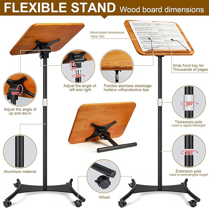 2 in 1 Dual-use Music Stand & Desktop Book Stand, Adjustable Height 16.5"-51", 100% Solid Wood Laptop Floor Stand Book Holder with Elastic Page Clips for Cookbooks, Sheet Music (Brown-Wheeled)