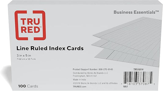 TRU RED Index Cards, 3" x 5", Lined, Gray, 100 Pack – Modern Ruled Cards for Notes, Studying & Organization