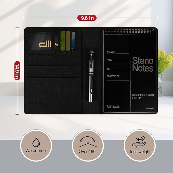 Journal Cover for Rocketbook Flip | 6"x9" Steno Pad Holder & Top Spiral Notebook Cover | Waterproof Folio with Pen Loop & File Pocket for A5, Executive Size Notebooks (Black)