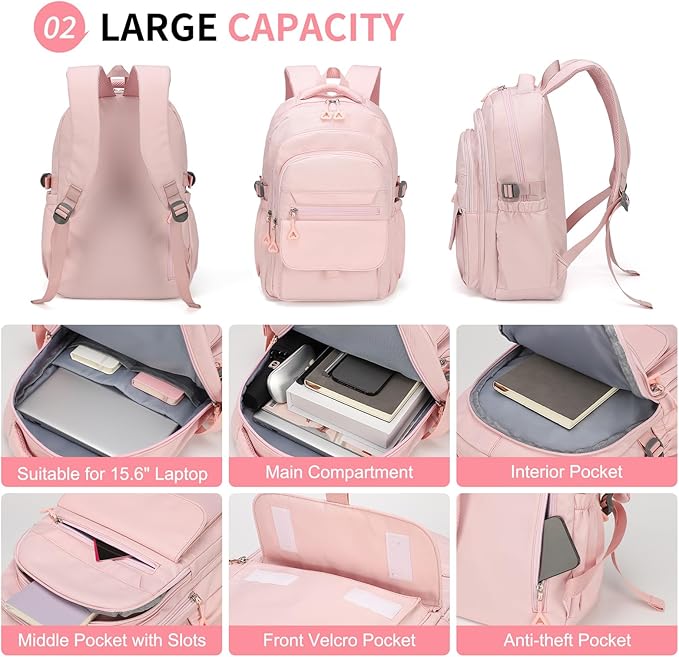 Aesthetic Daypack Backpack, Water-Resistant 15.6" Laptop Backpack for Women and Men, Featuring Touch-Fastener and Anti-Theft Pockets (Pink)