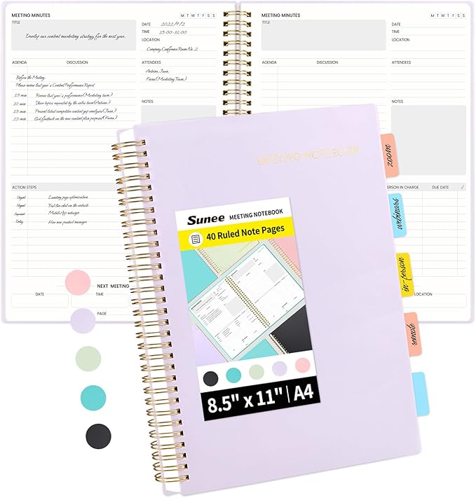 SUNEE Meeting Notebook for Work with Action Items - 160 Pages, A4 Size Project Planner, Spiral Meeting Agenda/Minutes Notebook Organizer for Women Men, Note Taking, Office & Business, 8.5"x11", Purple