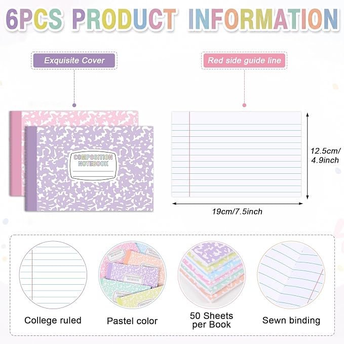 6 Pack Half Size Composition Notebooks Wide Ruled Marble Journal, Pastel