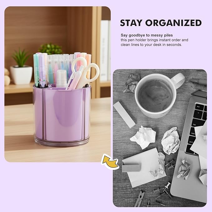 Comix 360° Rotating Pen Holder for Desk, Cute Pencil Holder Pen Organizer, Purple Acrylic Pencil Cup Caddy with 5 Slots for Home School Office Supplies