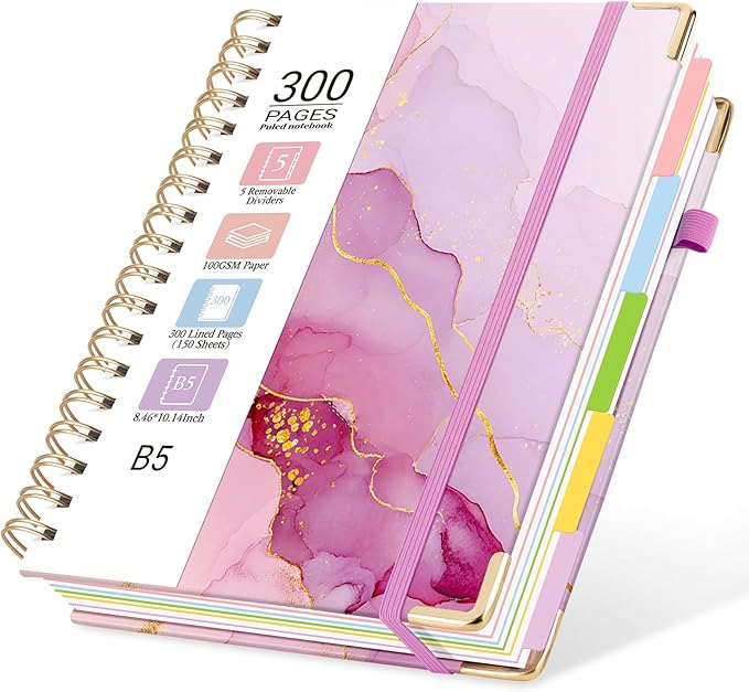 Hardcover Spiral Journal Notebook, 300 Pages 5 Subject Notebook College Ruled with Removable Dividers Tabs, 8" x 10" Notebooks for Work, Spiral Ruled Lined Writing Journal Hardcover Leather Notebook for School (Purple marble, 8''x 10'')