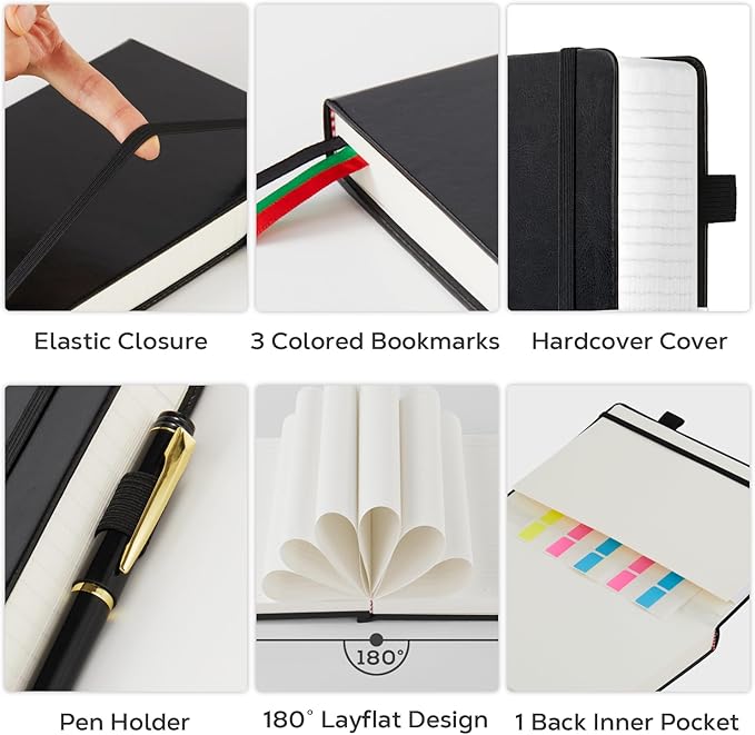 FOCUS DAY Journal Notebooks College Ruled, Thick Notebook Journal with 100GSM Paper, B5 Large Lined Notebook Journal for Women & Men, 7.1'' X 10'', 320 Pages, Black Leather Notebook