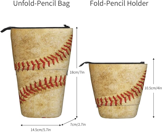 Retro Baseball Kids Standing Pencil Case Girls Boys Telescopic Stationary Pouch with Zipper Large Capacity Stand up Pen Bag Portable Makeup Holder for Children School Students Office Supplies