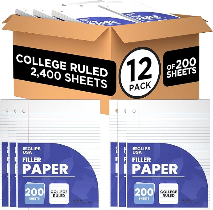 Loose Leaf Paper College Ruled Notebook Paper College Ruled Lined Writing Filler Paper 10.5” x 8” 2400 Sheets 200 Sheets Per Pack 60 gsm (12 Pack)