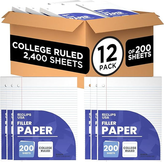 Loose Leaf Paper College Ruled Notebook Paper College Ruled Lined Writing Filler Paper 10.5” x 8” 2400 Sheets 200 Sheets Per Pack 60 gsm (12 Pack)