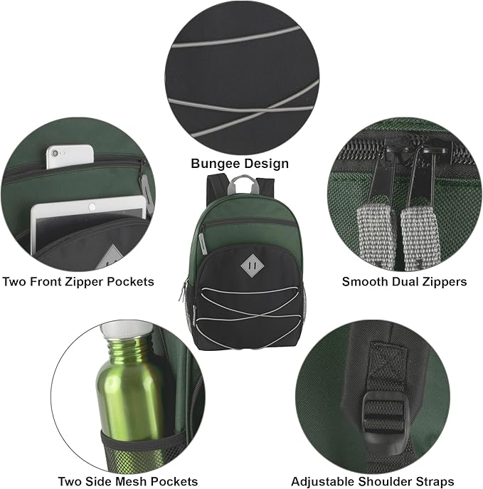 Summit Ridge Boys and Girls School Backpacks with Bungee Cord Front | 17” Multi Pocket Backpack for Kids, Teens, Adults, Travel (Green/Black)
