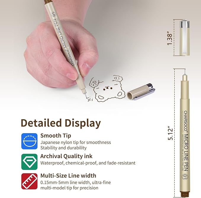 005 Micro Pen, Brown Fine Point Pen with Waterproof Archival Ink, 0.23mm Fineliner Ink Pens for Artist Illustration, Sketching, Anime, Manga, Technical Drawing and Scrapbooking