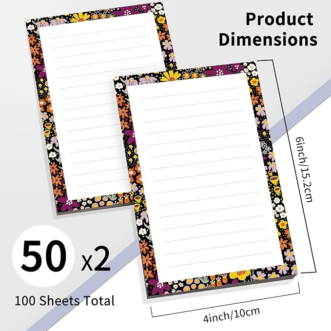 2 Pack Lined Sticky Notes 4x6 in, Cute Self-Stick Notepads with Lines, Large Memo Pads Strong Adhesive for Office, Home Cute Boho Small Flowers