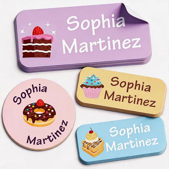 Waterproof Custom Name Stickers (135 Labels) - Personalized Daycare Labels for Clothing, Water Bottles, Lunch Boxes & School Supplies - Ideal for Camp & Daycare - No-Iron (Sweet Cakess)