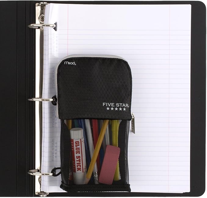 Five Star Pencil Pouch, Pencil Case, 1-Pocket Pouch, Fits 3 Ring Binder, Stand 'N Store, 2" x 4-1/2" x 8", Black/Grey (505160A-ECM) (Pack of 12)