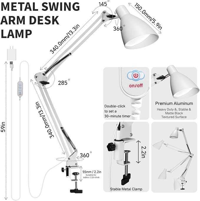 Led Desk Lamp for Home Office - Adjustable Gooseneck Table Stand with Clamp 5 Color Modes and 10 Brightness for Architect Puzzle Light Reading Craft Computer Work Study Sewing(White)