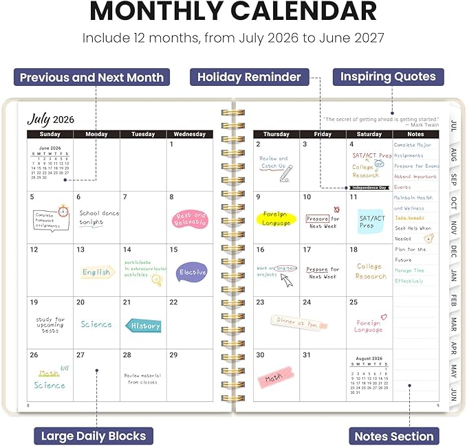 Planner 2026-2027, Academic Planner Weekly and Monthly, Jul 2026 - Jun 2027, Spiral Bound School Planning Tool with Tabs and Pocket, Perfect for Students & Teacher, 6.3" x 8.5", Folk Bloom