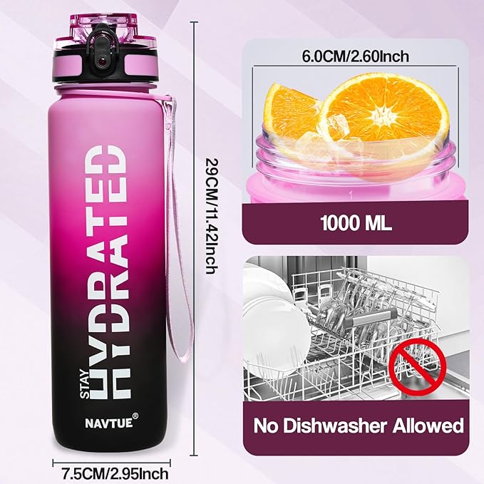 Water Bottle, 32 oz Sports Water Bottles with Time Marker Wide Mouth, Motivational and Leakproof Drink Bottle, BPA Free Tritan with Carry Strap for Gym Fitness Outdoor(1 Bottle)