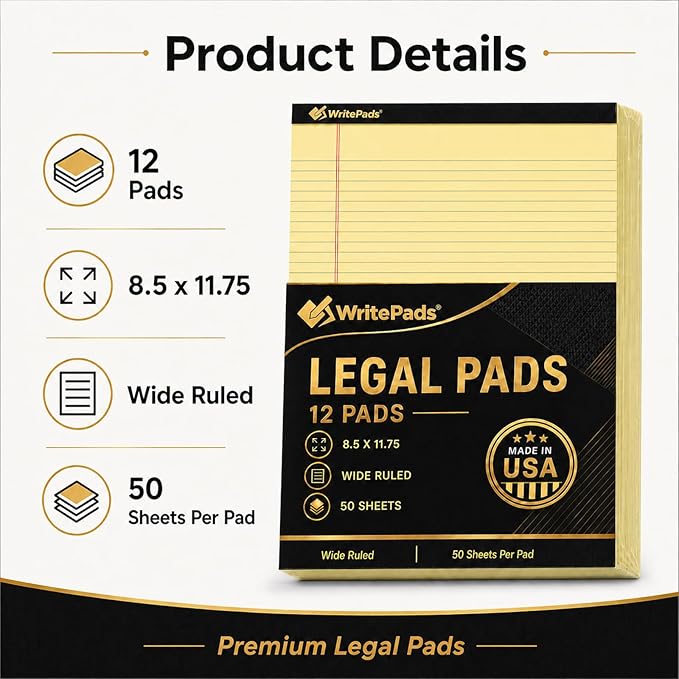 Legal Pads 8.5 x 11.75 Inch Wide Ruled Writing Pads, 12 Pack Note Pads - Yellow Perforated Paper with Hard Back, 50 Sheets Per Pad, No Bleed Notepad Paper for Office, School, Business MADE IN USA