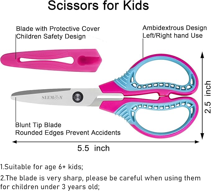 Kids Scissors for Ages 6+, 6" Blunt Tip Children Craft Scissors with Safety Cover, Ambidextrous Soft Grip Stainless Steel Blades for School Home Art Supplies,3-Pack