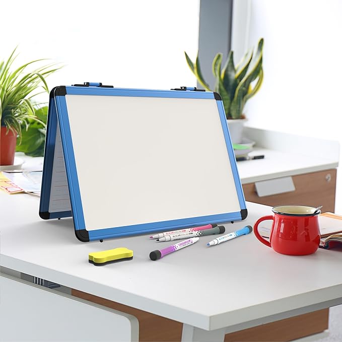 Dry Erase Board, 17x13 inch with 4 Sides Magnetic Whiteboard, A3 Foldable Small White Board with Lines, Perfect for Office, School, and Home. (Blue)