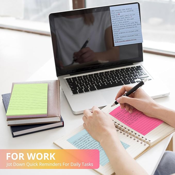 Lined Sticky Notes, 96 Pads, 4x6 Inches, Large Sticky Notes with Lines, Memo Note Pads in Multi Colors, 30 Sheets/Pad, Super Sticking Power for Office ＆ Home & Planning - Bright